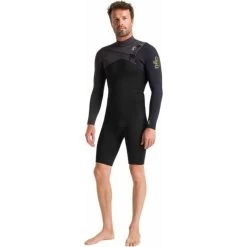 2024 C-Skins Hombres Session Manga Larga 3/2mm Gbs Chest Zip Shorty Neopreno C-SE32SPM - Black / Meteor X / Saffron